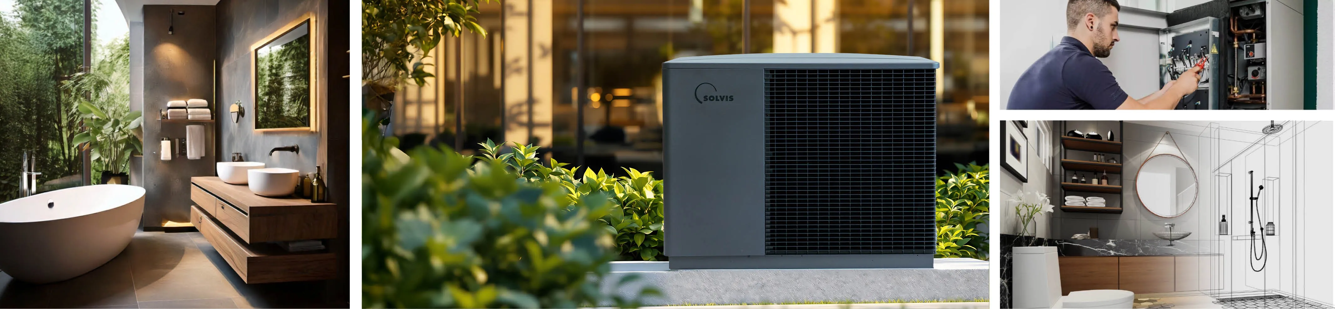Header-Collage von Issler Bad & Heizung in Grenzach mit Badreferenz, Wärmepumpe Solvis LeaPro und Kundendienst-Techniker.